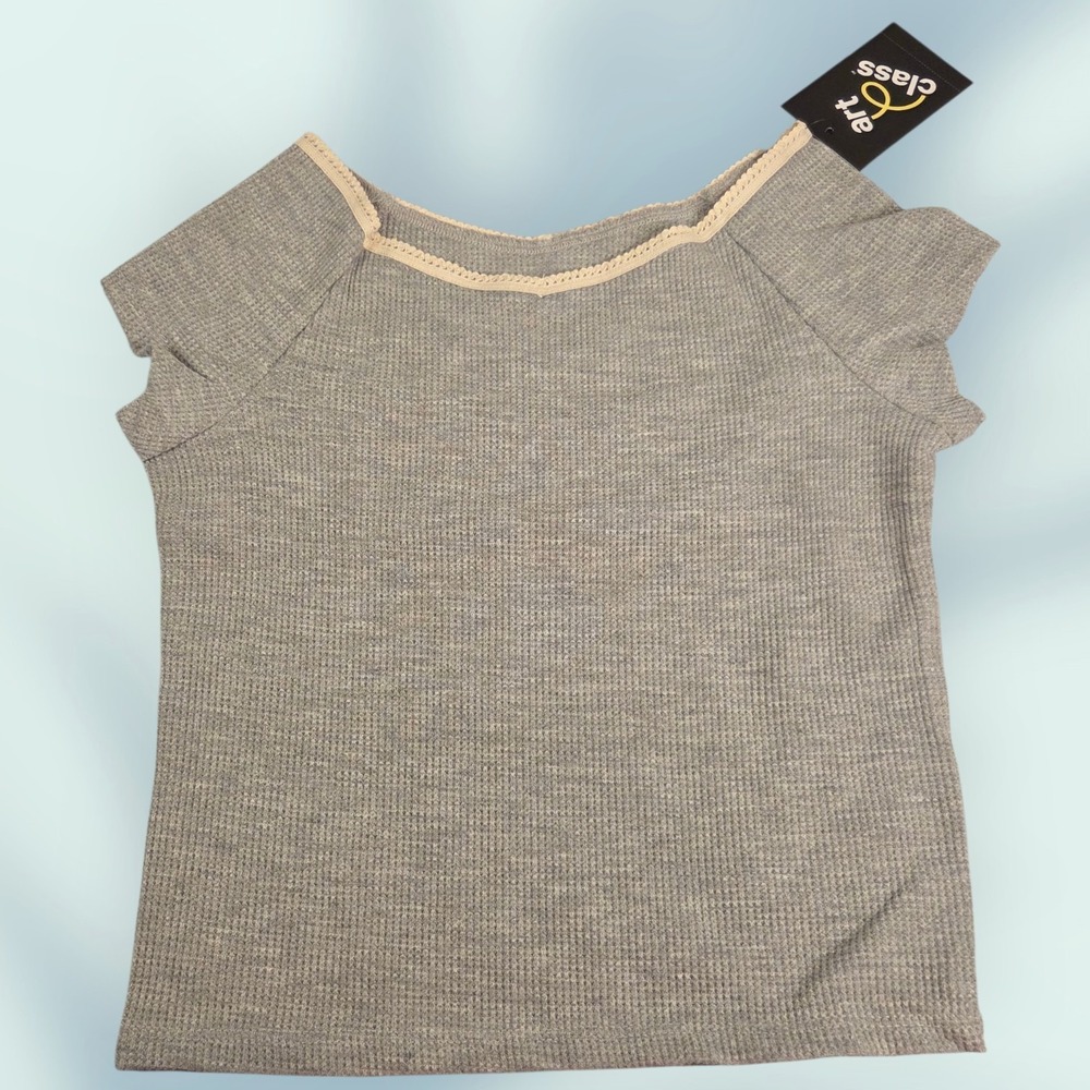 Art Class Kids Sz M (8) Waffle Knit‎ Tee With Lace Accents Cap Sleeves Gray NWT